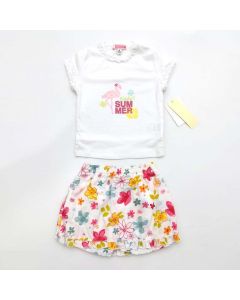 Completo neonato femminuccia primavera estate due pezzi bianco con gonna fiorata 100% cotone taglia 12 mesi