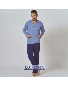 Pigiama uomo estivo freschissimo, manica lunga e pantalone lungo, maglia aperta a giacca in tessuto 100% cotone Blupepper